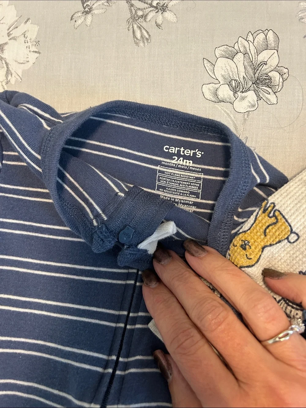 Kids One-Piece Footed Pajamas in Cream and Blue - Cozy Sleepwear- 24 month